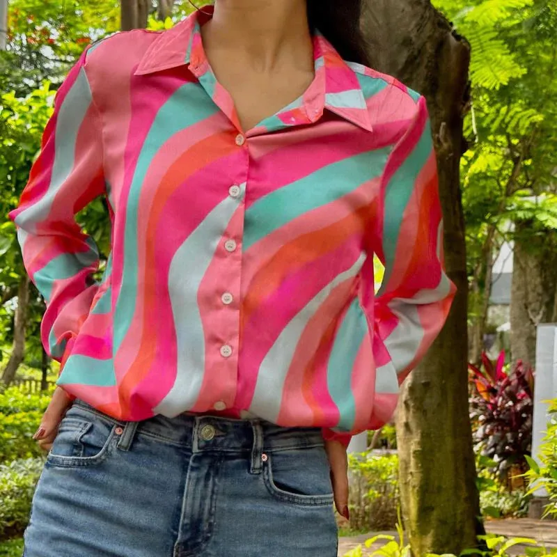 Multicolor Women's Work Satin Print Shirt