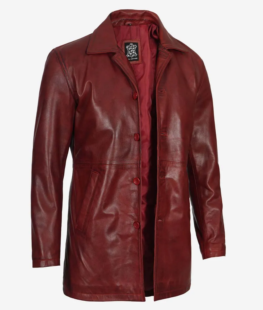 Natural Mens Maroon Distressed 3  4 Length Leather Coat