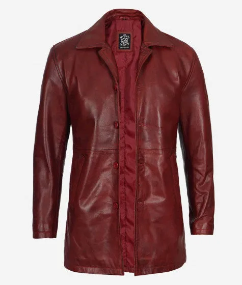 Natural Mens Maroon Distressed 3  4 Length Leather Coat