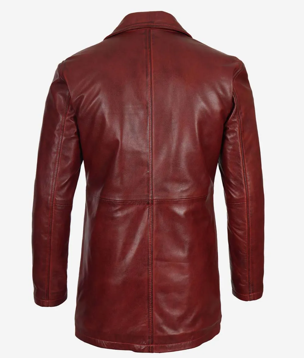 Natural Mens Maroon Distressed 3  4 Length Leather Coat