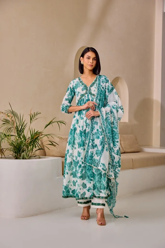 Neerus Green Flared Floral Kurta And Trousers With Dupatta