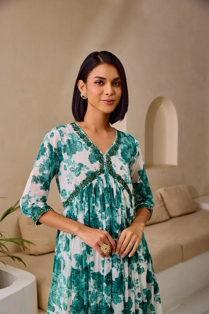 Neerus Green Flared Floral Kurta And Trousers With Dupatta