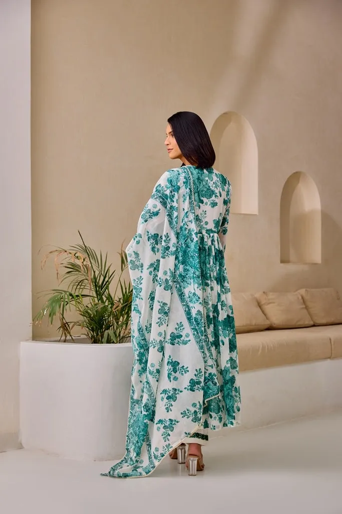 Neerus Green Flared Floral Kurta And Trousers With Dupatta