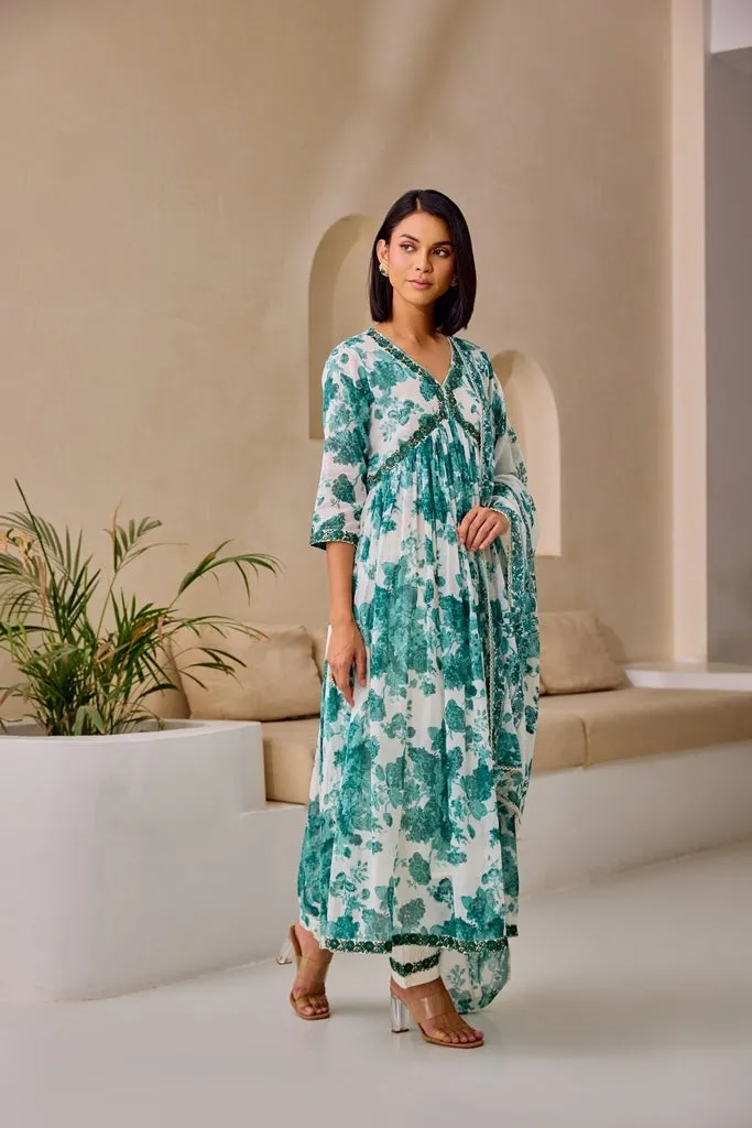 Neerus Green Flared Floral Kurta And Trousers With Dupatta