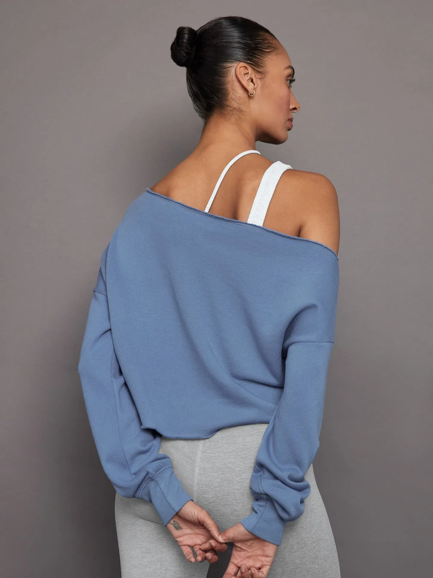 Off Shoulder Raw Edge Sweatshirt in French Terry - Quiet Harbor