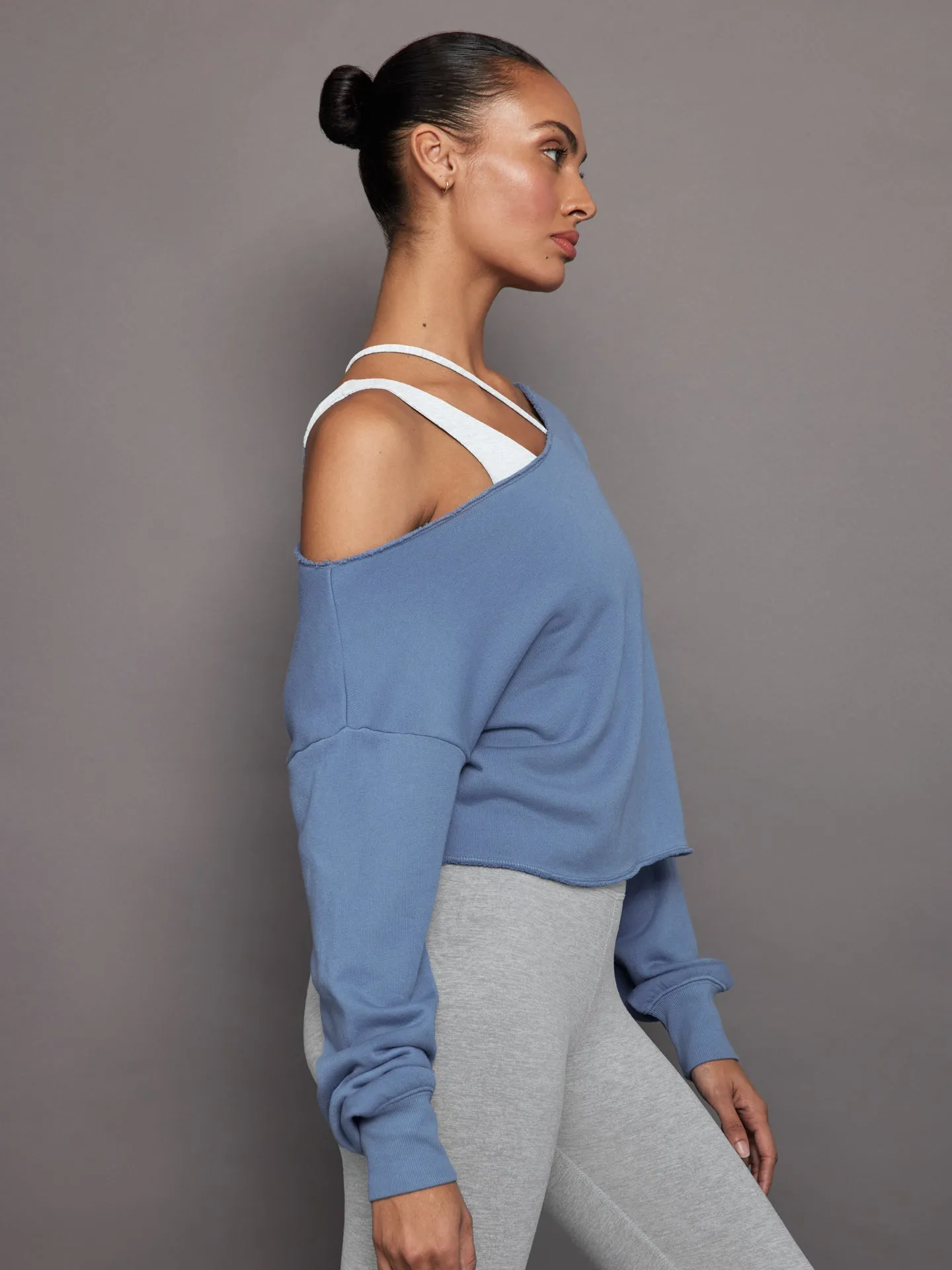 Off Shoulder Raw Edge Sweatshirt in French Terry - Quiet Harbor