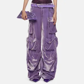 Offbeat Low Waist Multiple Pocket Wide Leg Polished Velvet Cargo Pants