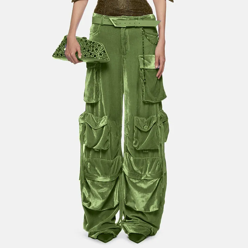 Offbeat Low Waist Multiple Pocket Wide Leg Polished Velvet Cargo Pants