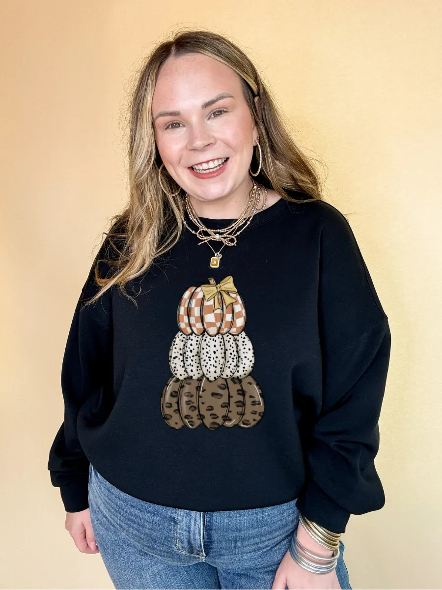 Online Exclusive |  Stack of Pumpkins in Checkered, Dotted, and Cheetah Print Graphic Sweatshirt in Multiple Color Options