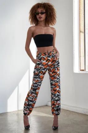 Orange Camouflage Belted High Waist Cargo Pants