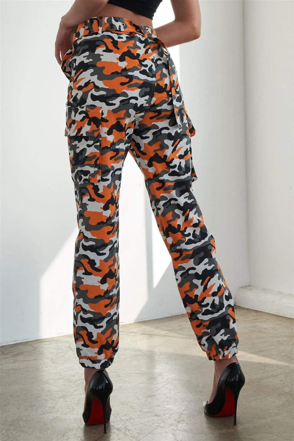 Orange Camouflage Belted High Waist Cargo Pants