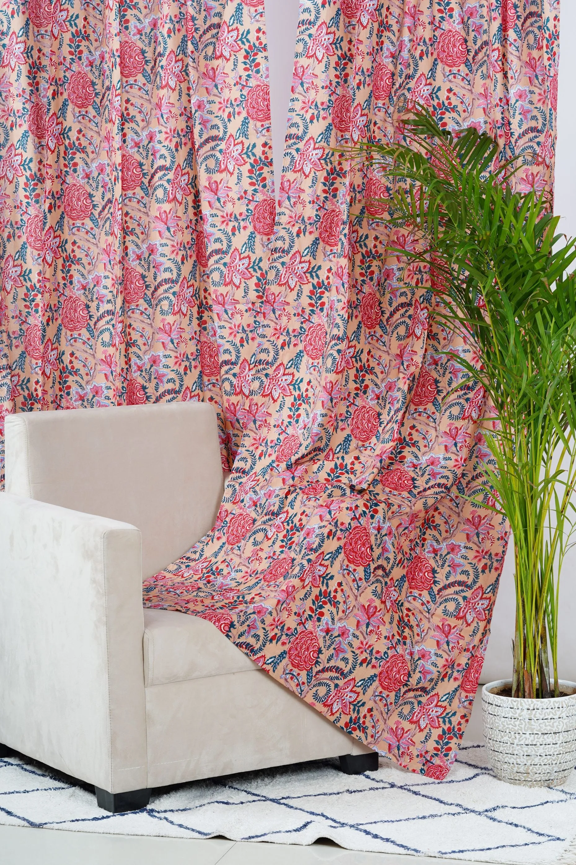 Peach Floral Curtain Pair