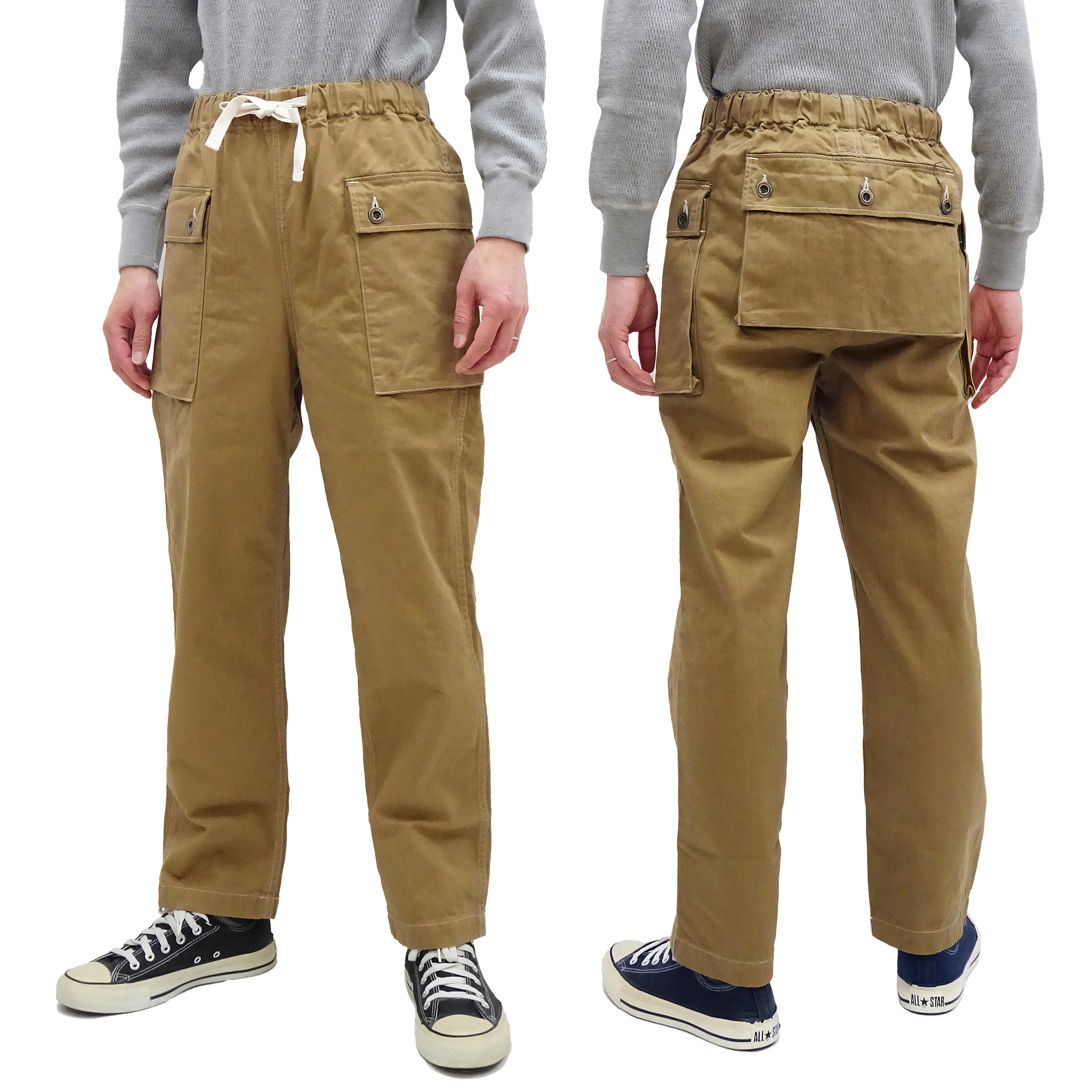 Pherrow's Cargo Pants Men's Casual Elastic Drawstring Waist USMC Herringbone HBT P-44 Military Trousers Pherrows 23S-PMEP1 Beige