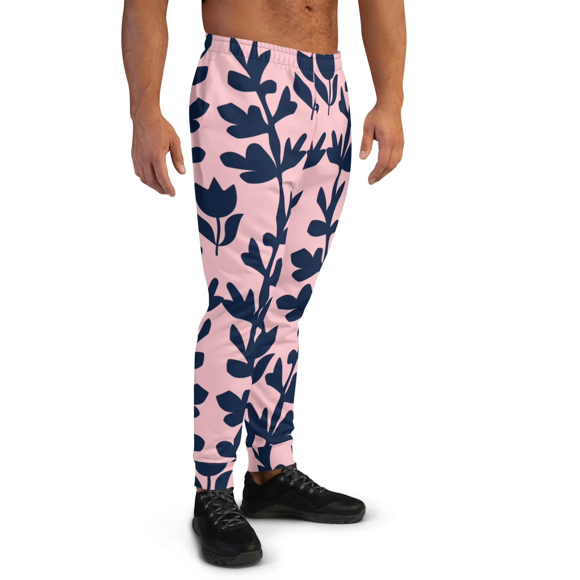 Pink Dark Floral Men's Joggers, Floral Print Designer Slim-Fit Ultra Soft Comfy Men's Pants - Made in USA/EU/MX