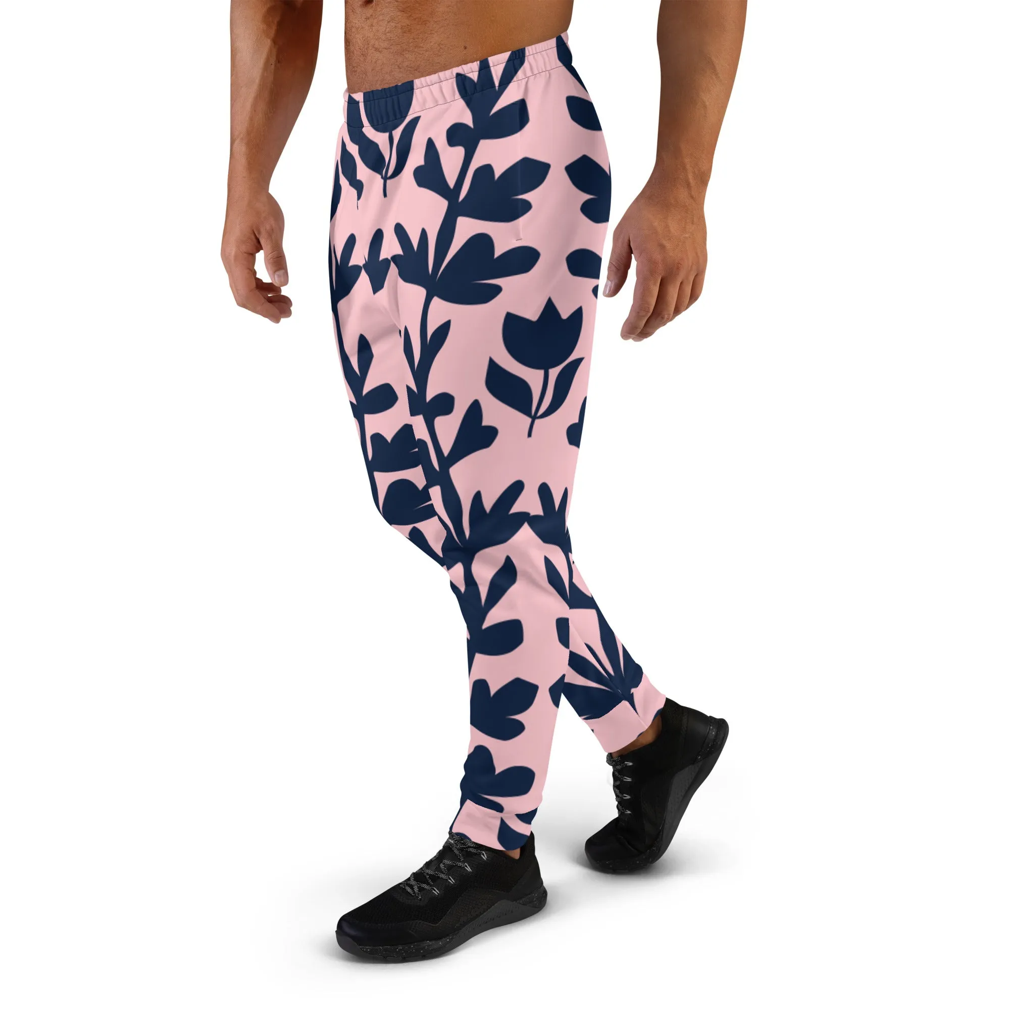 Pink Dark Floral Men's Joggers, Floral Print Designer Slim-Fit Ultra Soft Comfy Men's Pants - Made in USA/EU/MX