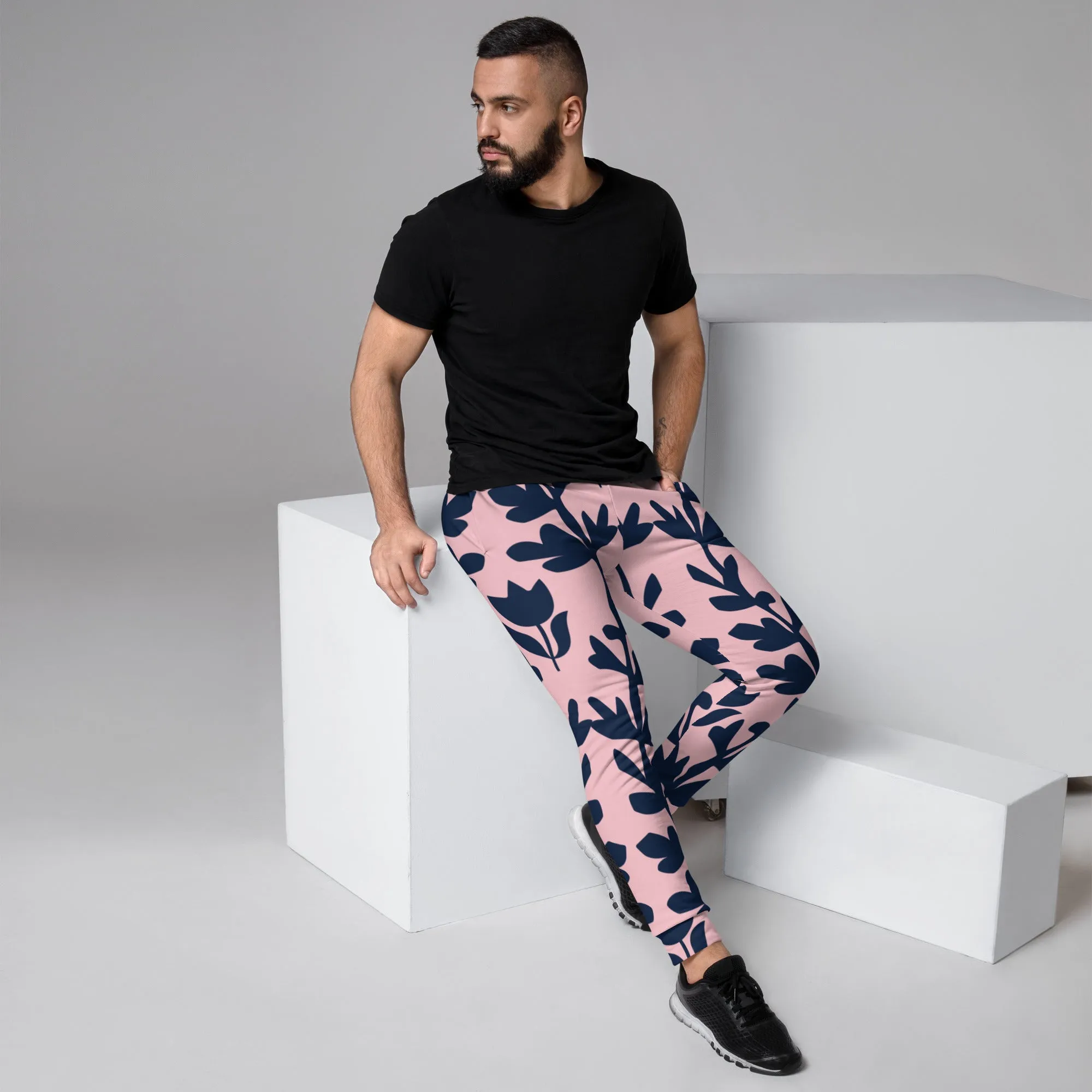 Pink Dark Floral Men's Joggers, Floral Print Designer Slim-Fit Ultra Soft Comfy Men's Pants - Made in USA/EU/MX