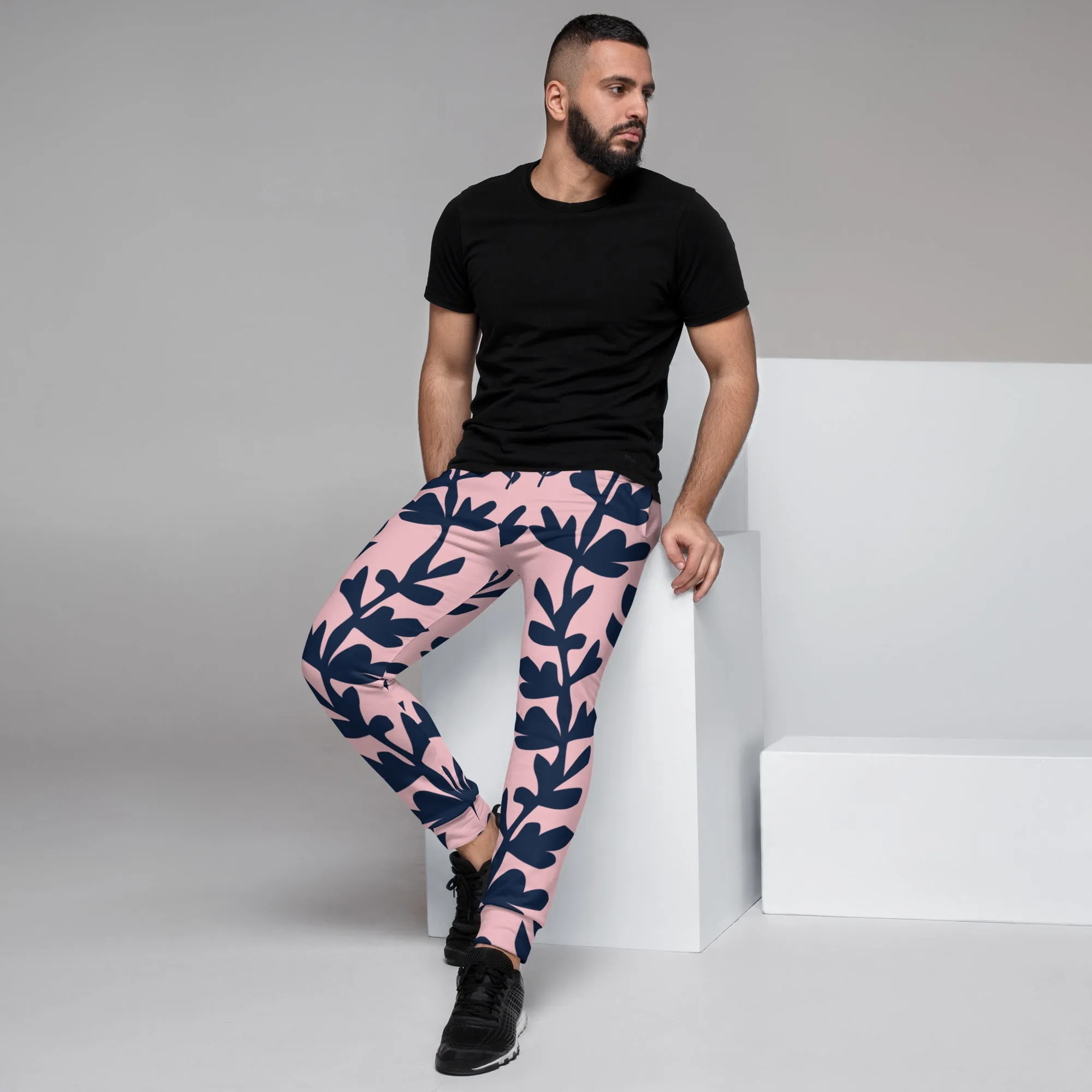 Pink Dark Floral Men's Joggers, Floral Print Designer Slim-Fit Ultra Soft Comfy Men's Pants - Made in USA/EU/MX