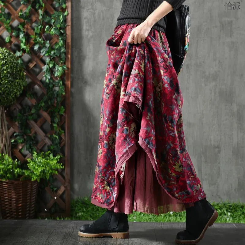 Retro Artistic Floral Slimming Skirt Double Layer Wide Hem Flowy