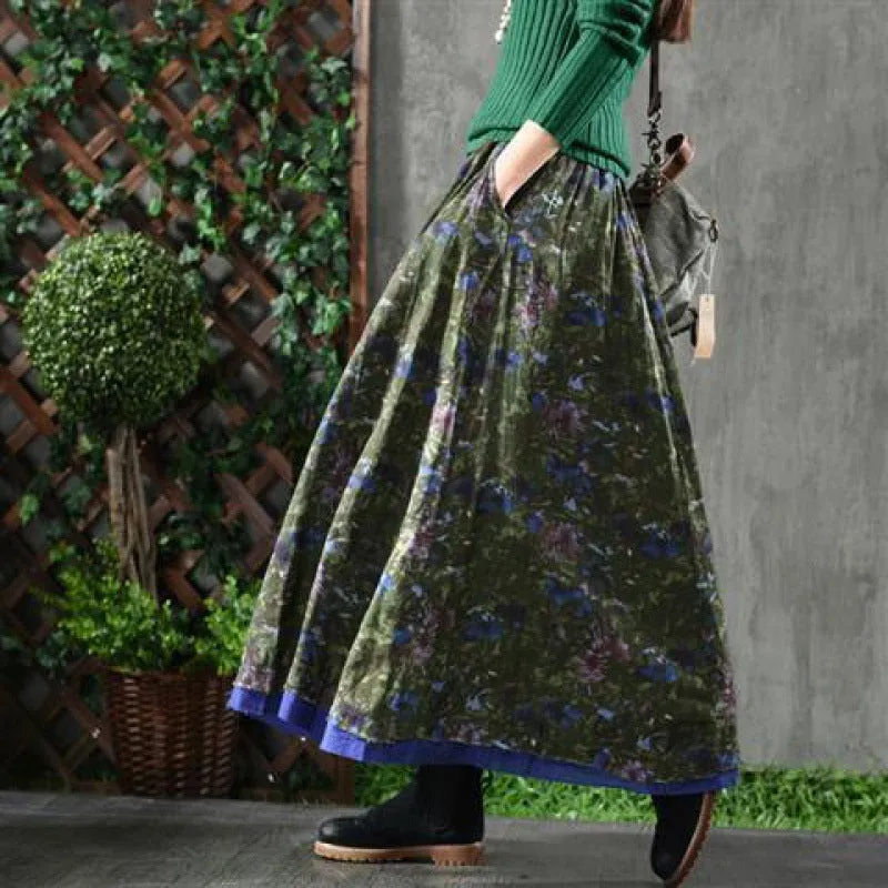 Retro Artistic Floral Slimming Skirt Double Layer Wide Hem Flowy