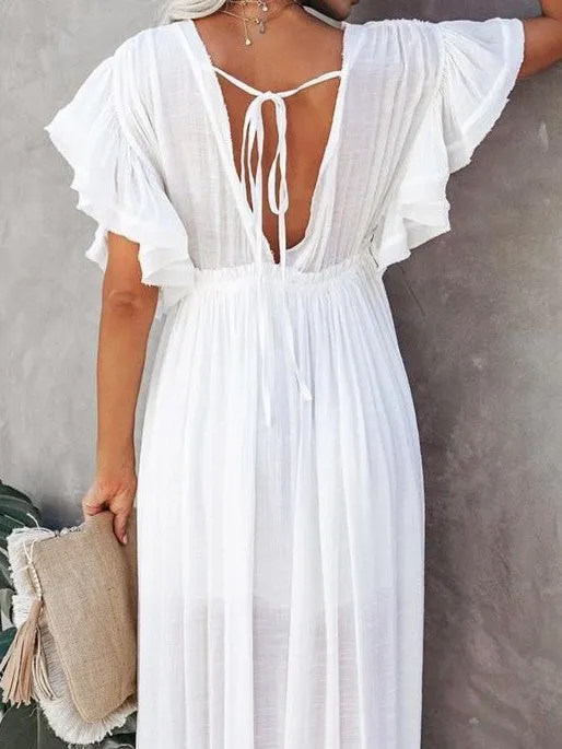 Ruffled Coverup Duster in White