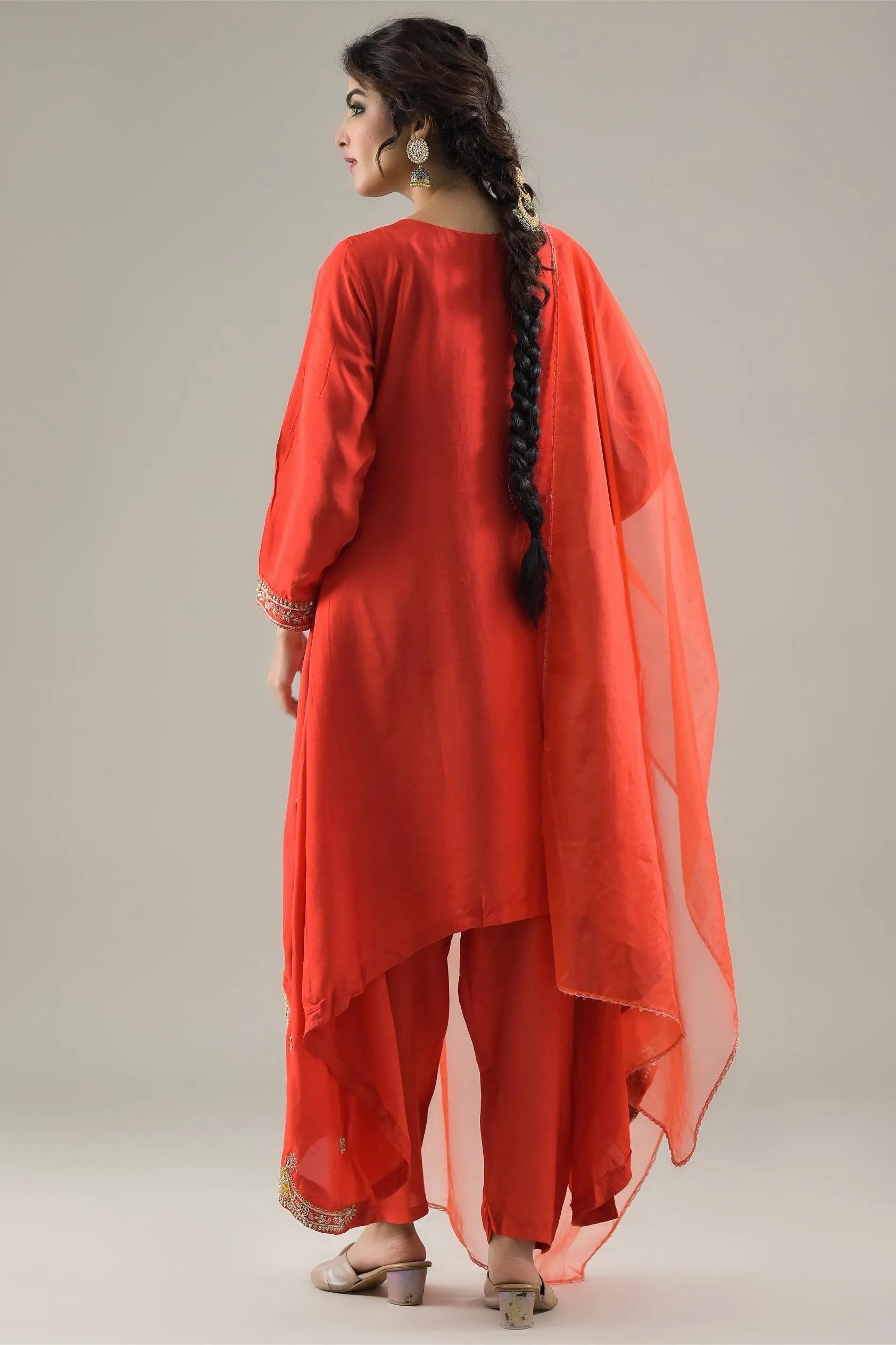 Scarlet Red Embroidered Raw Silk Pants Set