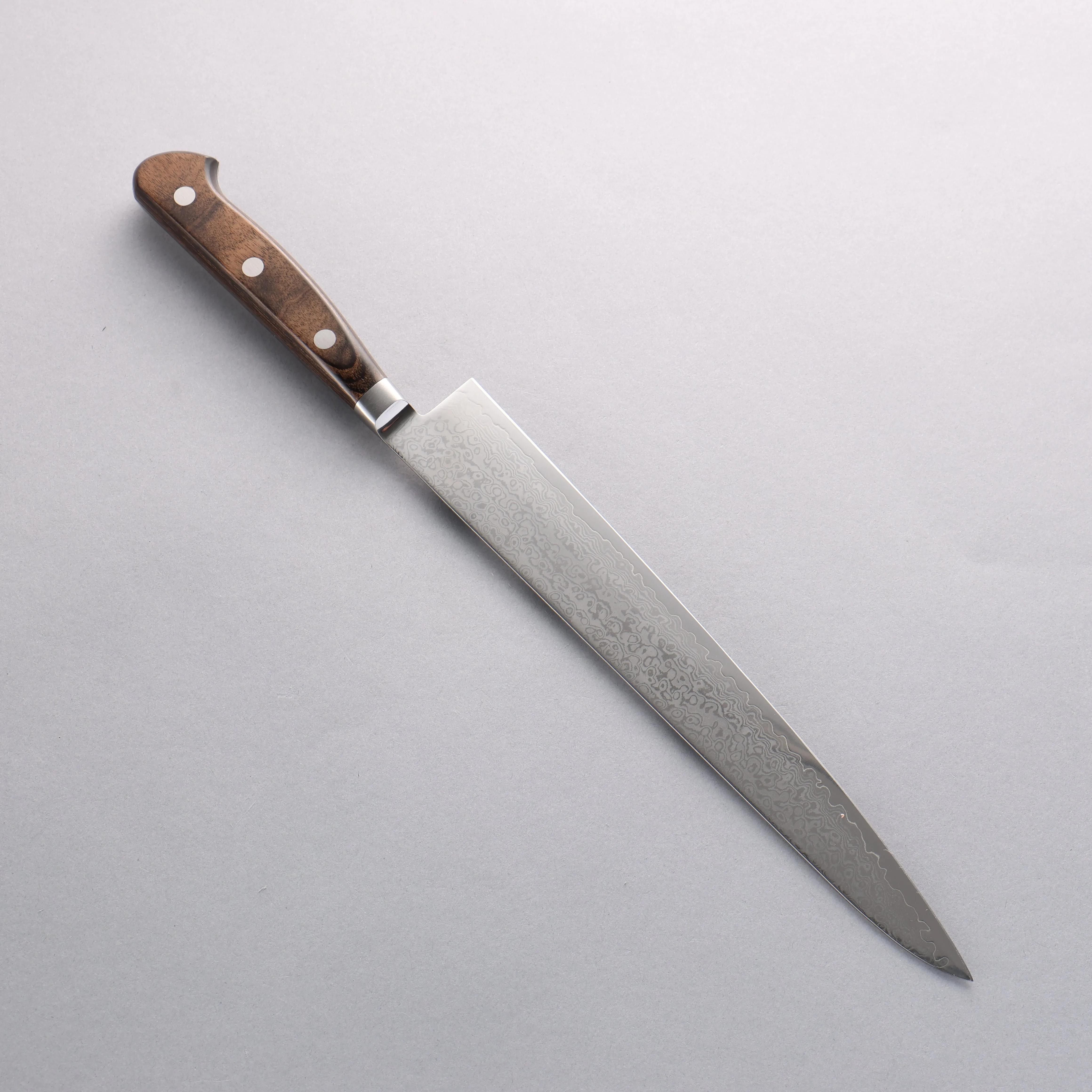 Seisuke VG10 33 Layer Mirrored Finish Damascus Sujihiki  240mm Brown Pakka wood Handle