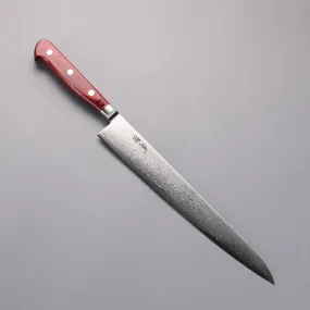 Seisuke VG10 33 Layer Mirrored Finish Damascus Sujihiki  240mm Red Pakka wood Handle