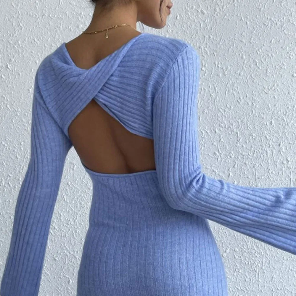 Sexy Twist Back Cutout Bell Sleeve Chunky Ribbed Knit Winter Sweater Mini Dress