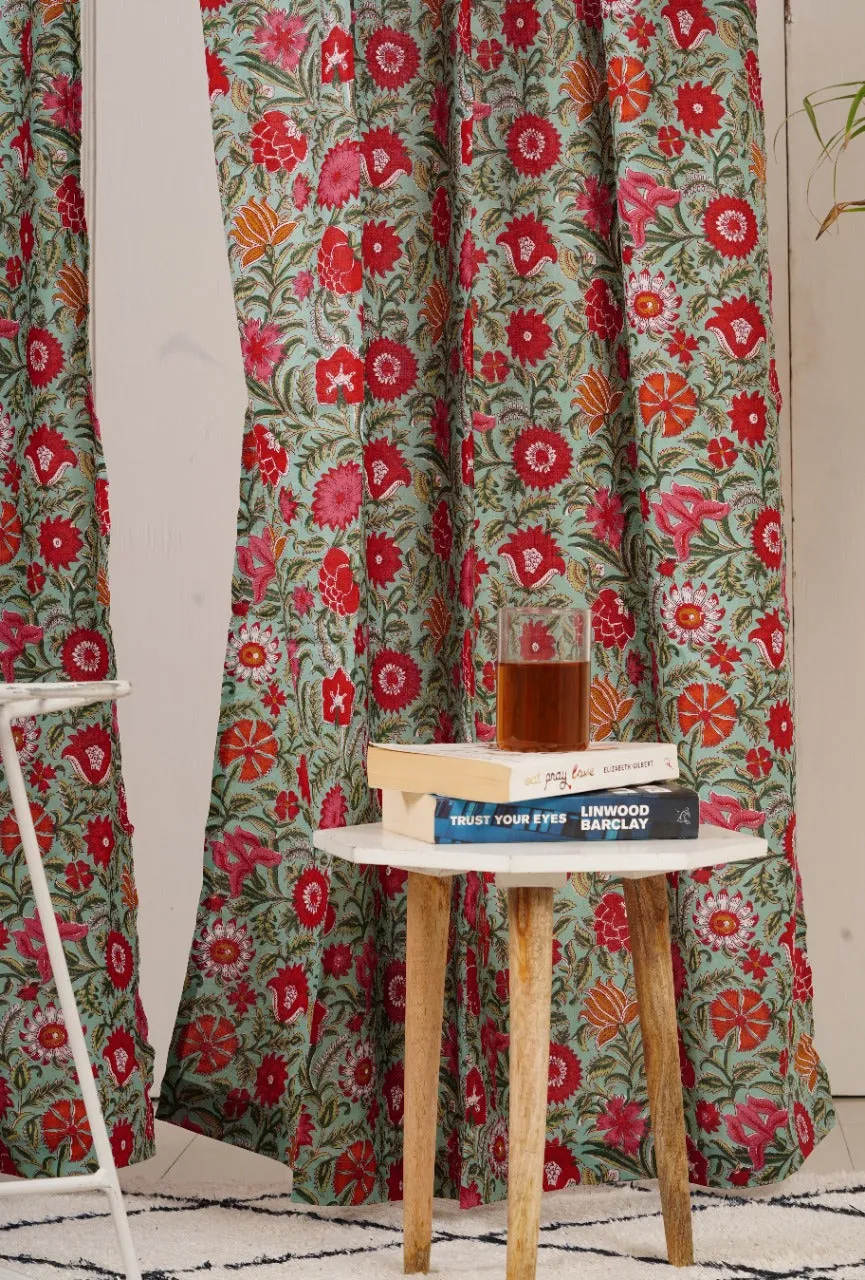 Sheer Curtain Pair Green and Red Floral