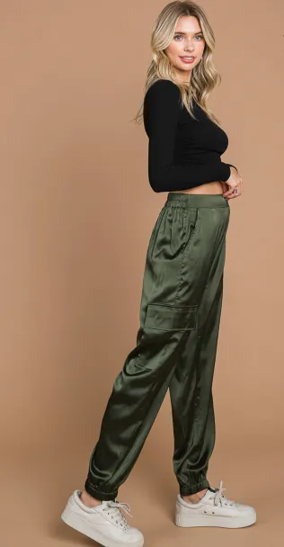 Still Alive Satin Cargo Joggers - Olive