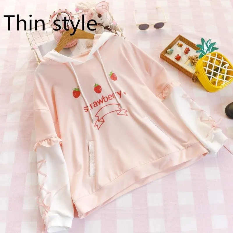 Strawberry Hoodie With Lace Up Sleeves