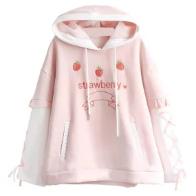 Strawberry Hoodie With Lace Up Sleeves