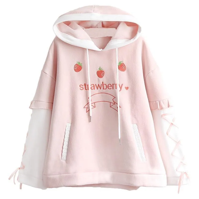 Strawberry Hoodie With Lace Up Sleeves