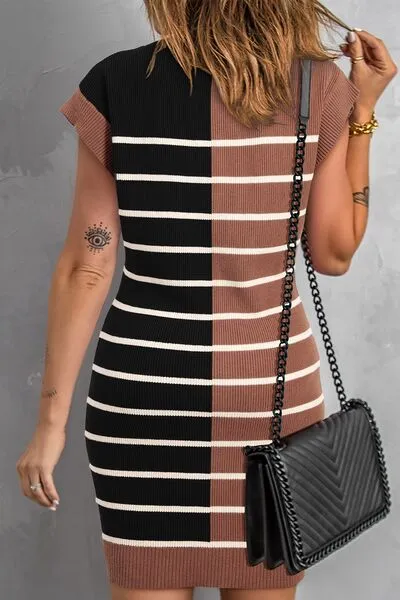 Striped Quarter Zip Cap Sleeve Sweater Dress