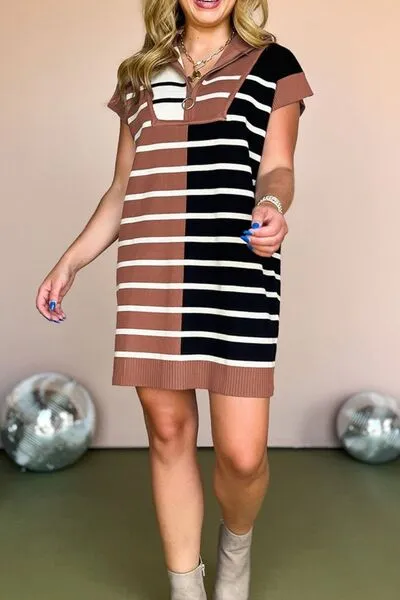 Striped Quarter Zip Cap Sleeve Sweater Dress