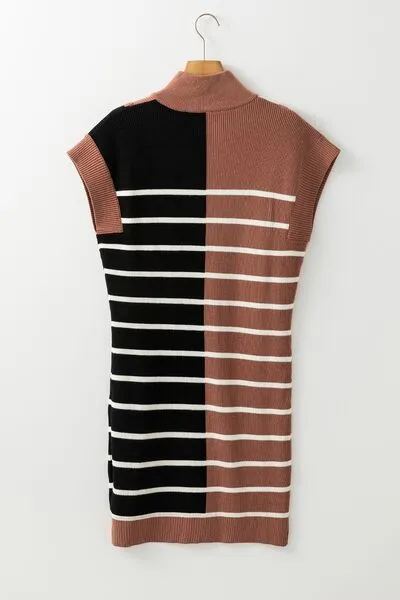 Striped Quarter Zip Cap Sleeve Sweater Dress