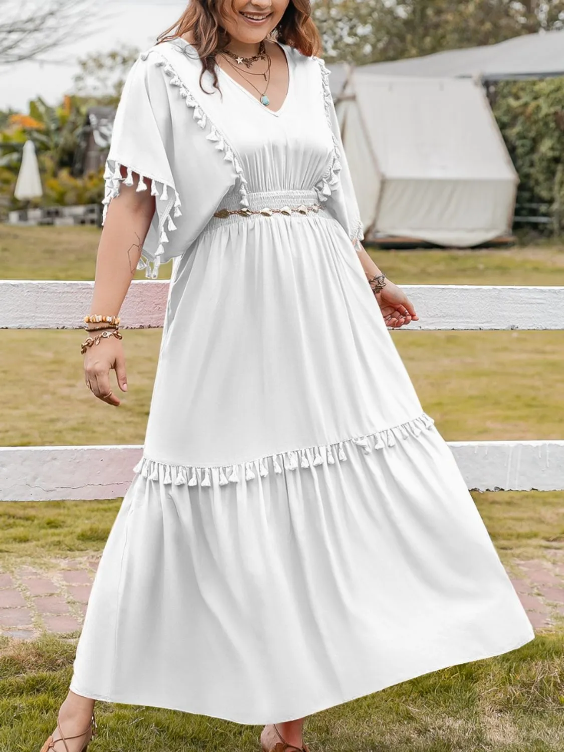 Tassel Smocked V-Neck Half Sleeve Dress