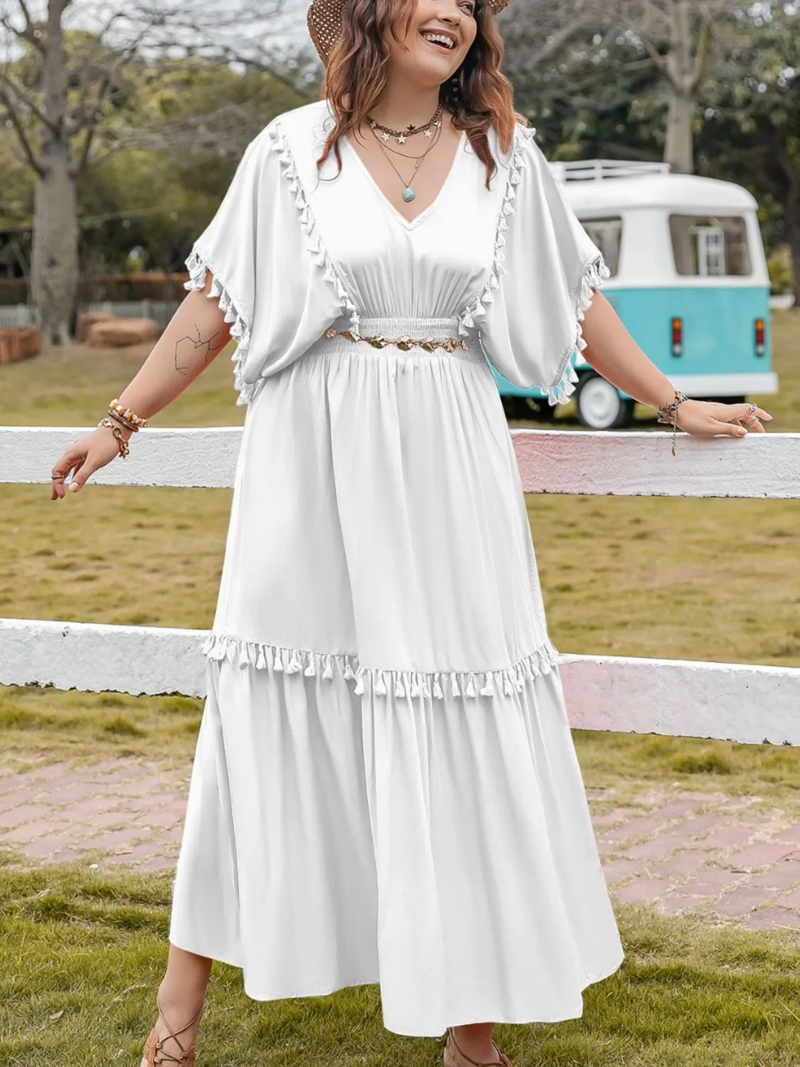 Tassel Smocked V-Neck Half Sleeve Dress