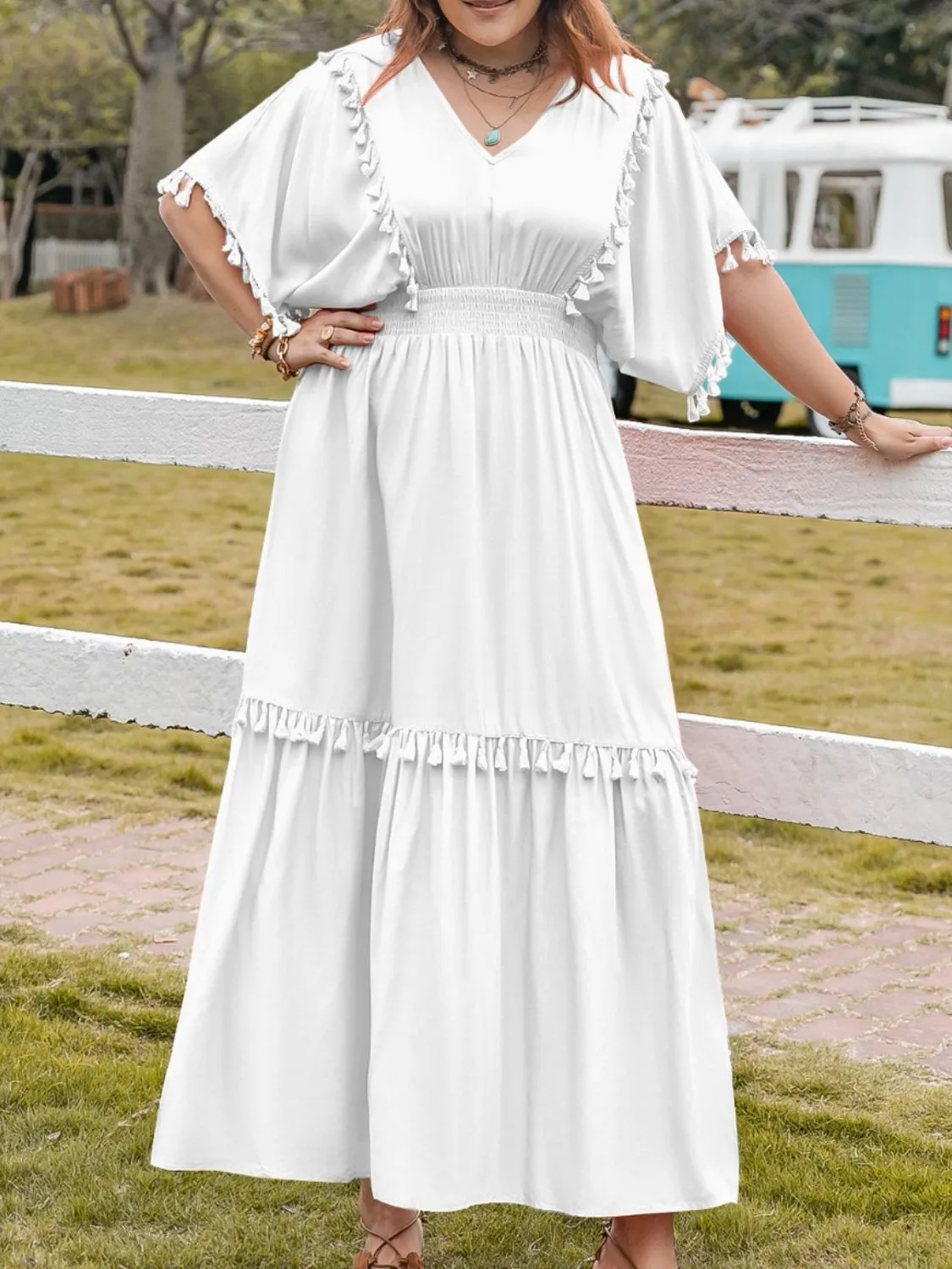 Tassel Smocked V-Neck Half Sleeve Dress