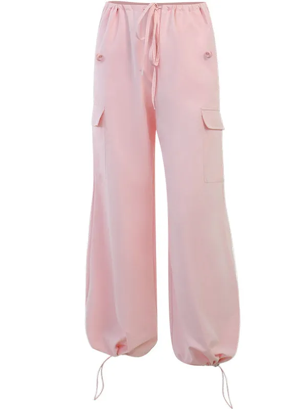 TastyHottie - Pink Drawstring Waist Pocket Cargo Parachute Pants