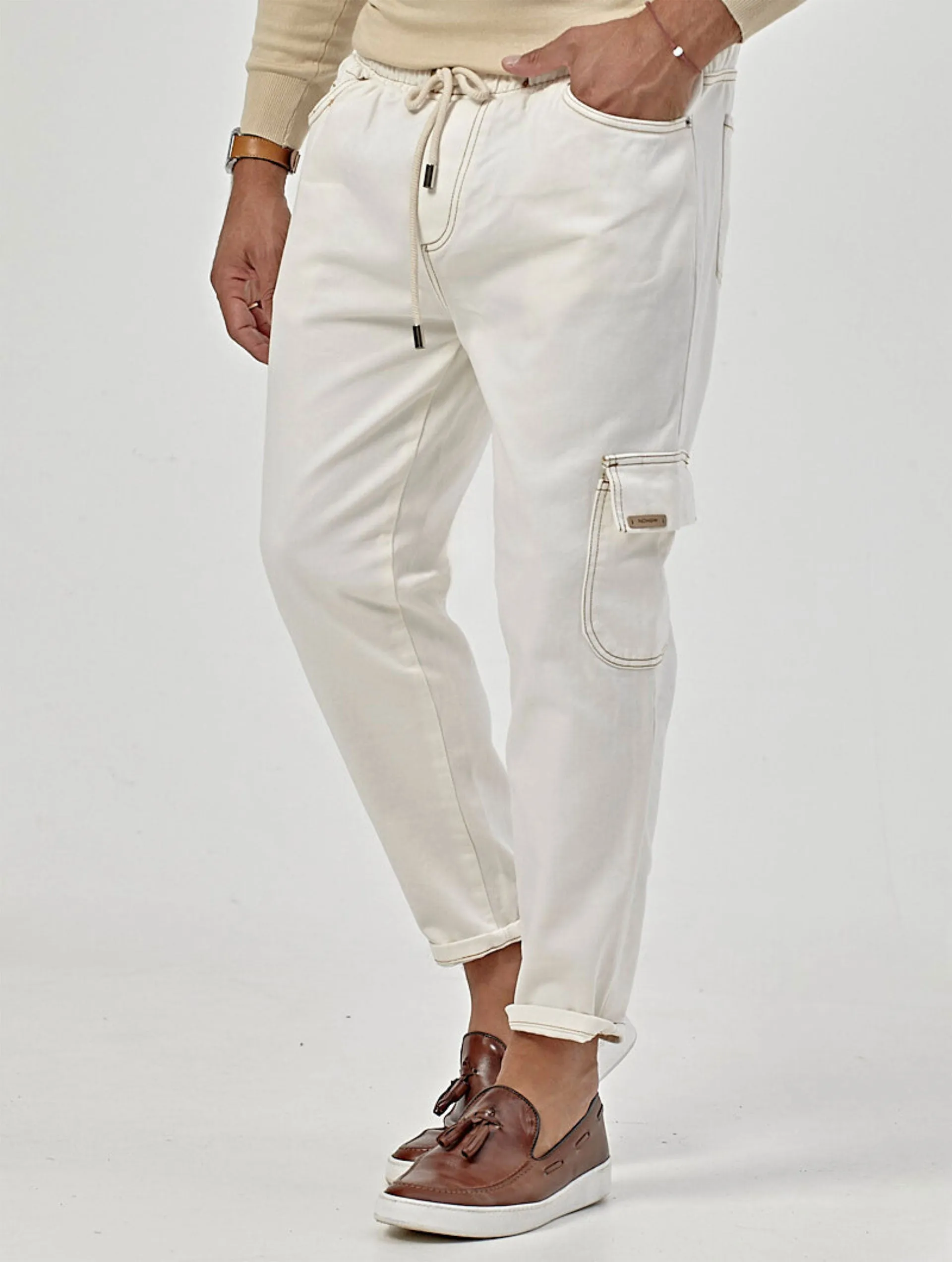 URIEL DENIM CARGO PANTS IN WHITE