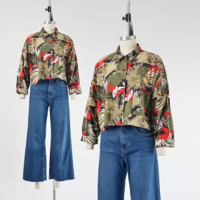 Vintage 80s Leaf Jungle Lion Print Cotton Collared Oversized Cropped Shirt size L XL