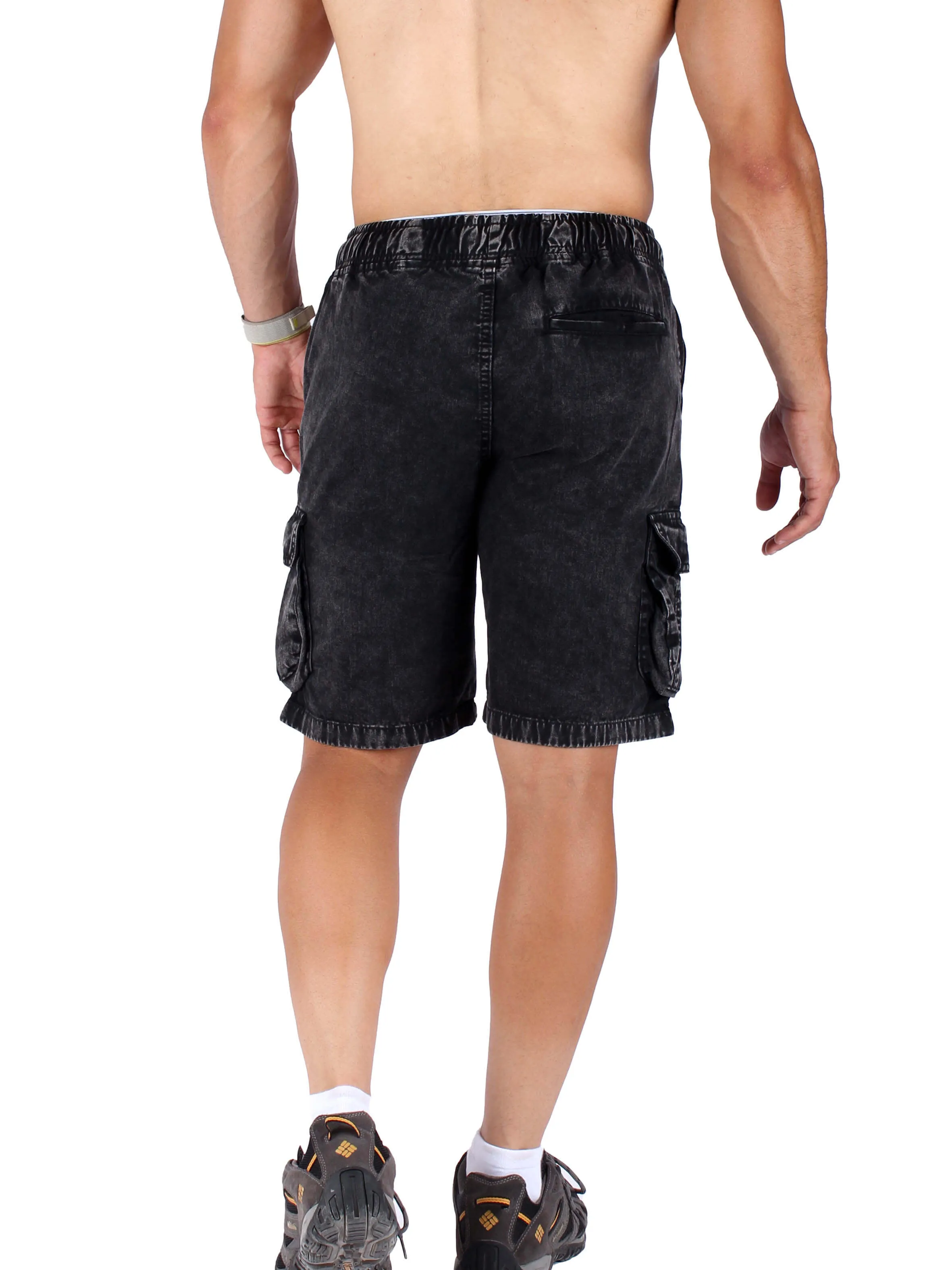 Washed Cargo Shorts With Elastic Waist - Black