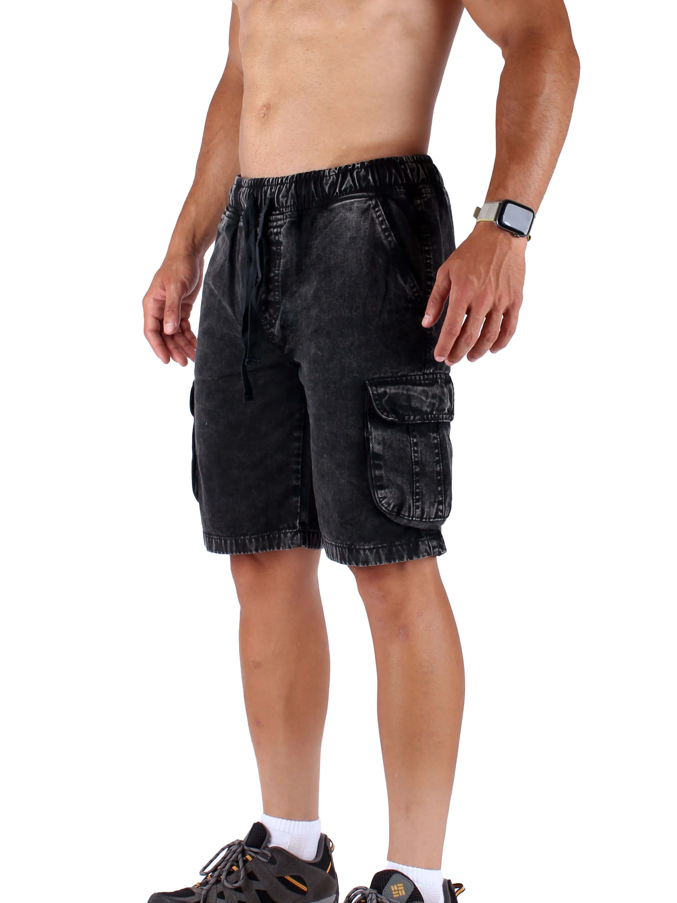 Washed Cargo Shorts With Elastic Waist - Black