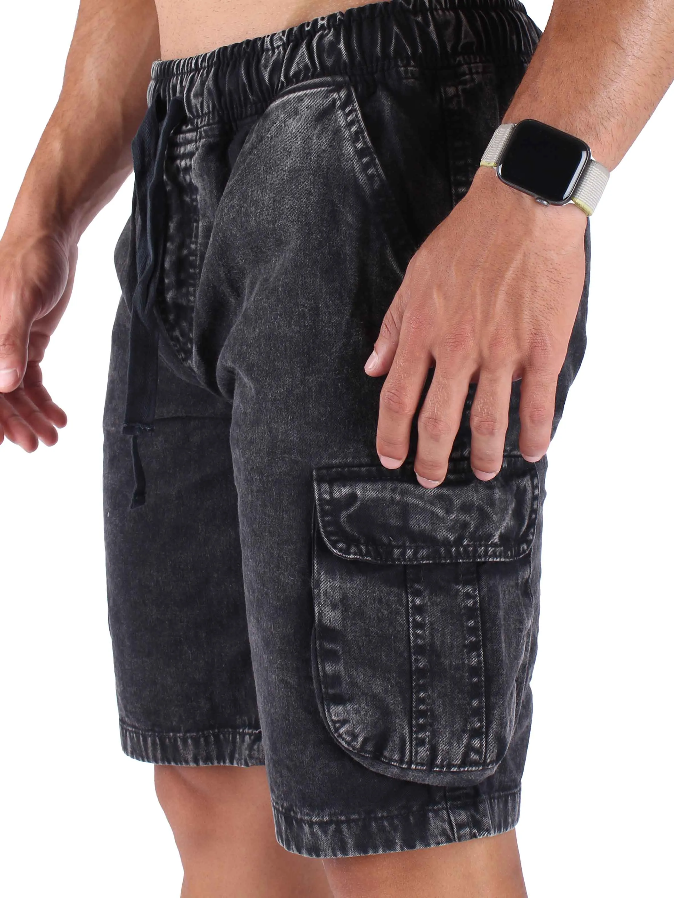 Washed Cargo Shorts With Elastic Waist - Black