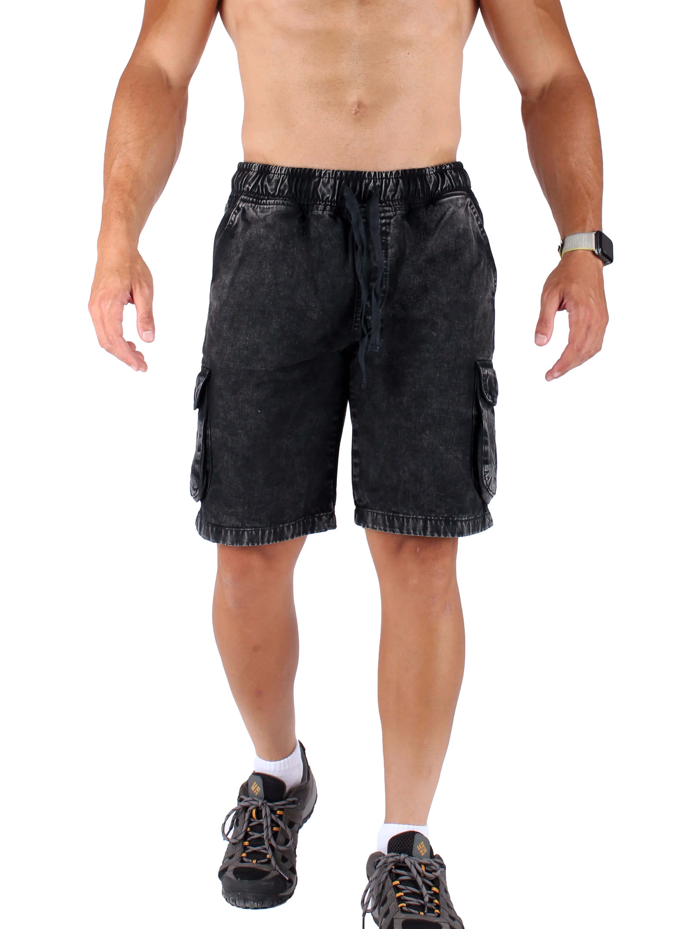 Washed Cargo Shorts With Elastic Waist - Black