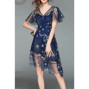 Women Marvelous V-Neck Printed Pattern Above Knee Length Beautiful A-Line Party Evening Dress - C929JPD