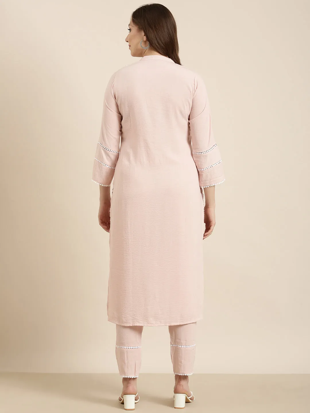 Women Straight Peach Solid Kurta and Trousers Set