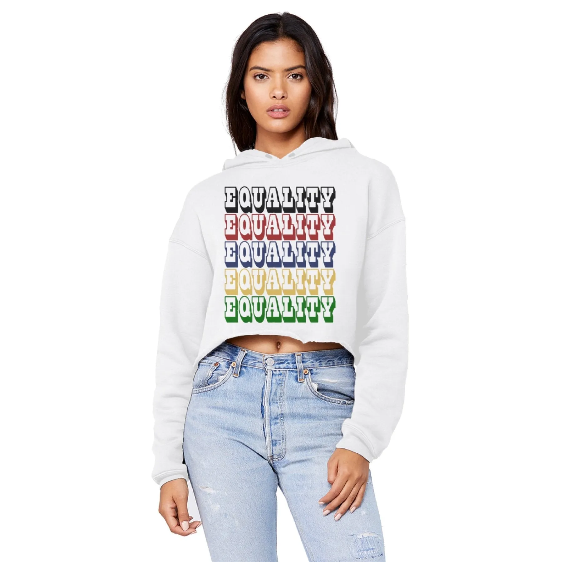 Women's Cropped Hoodie, Long Sleeve Raw Edge Crop Top - Equality /