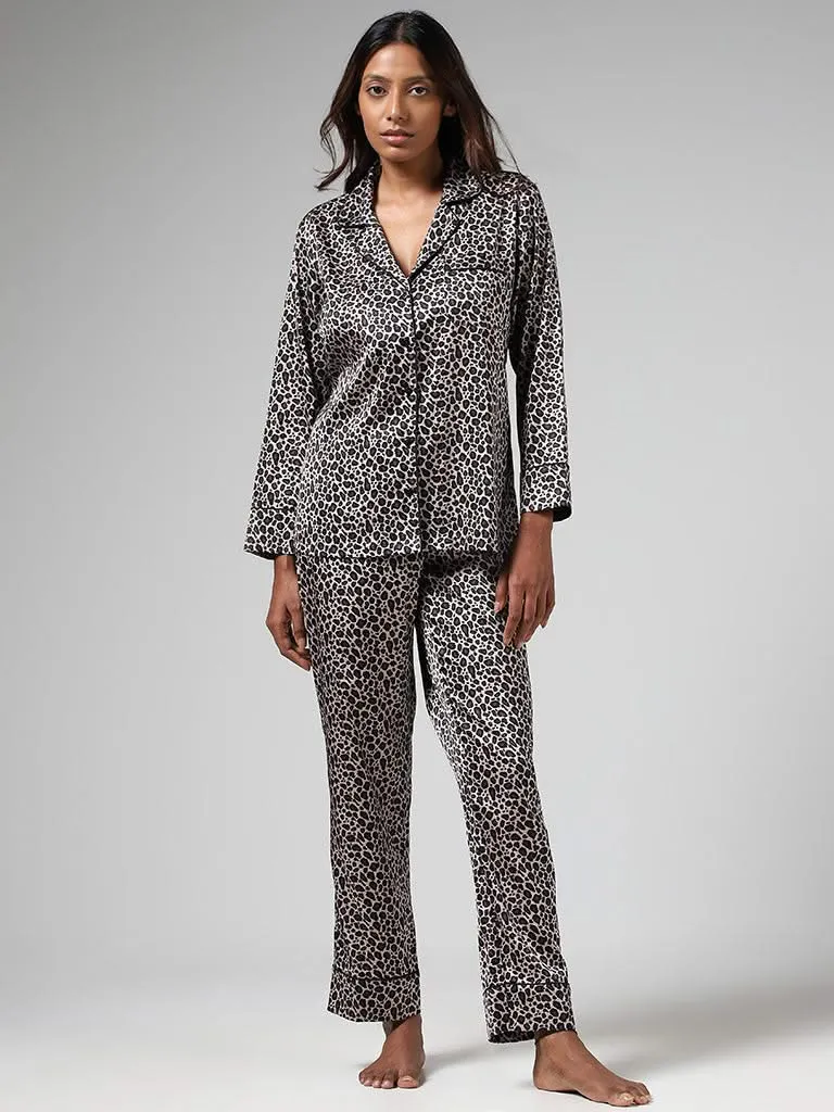 Wunderlove Dark Brown Animal Printed Satin Shirt & Pyjamas Set